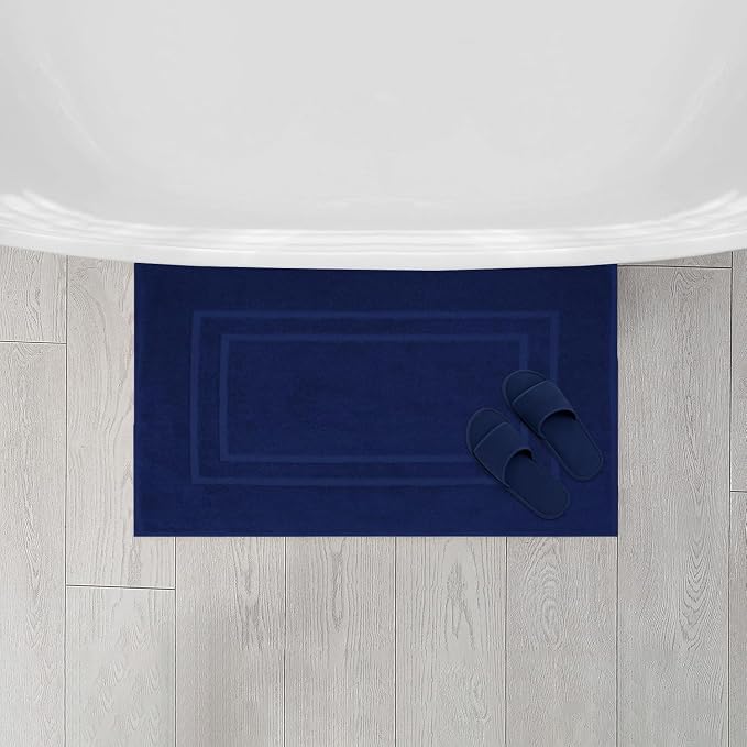 Feather & Stitch 2 Piece Towel Like Bath Mats (30x21 Inch) 100% Cotton Terry Bath Mats, Bathroom Shower Floor Mats [NOT A Bathroom Rug], Soft Absorbent Washable Mats - Navy Blue