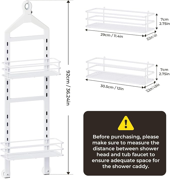 Orimade Adjustable Anti-slip Shower Caddy over Shower Head, Rustproof Bathroom Hanging Shower Organizer with 2 Hooks for Razor, No Drilling Shelves Storage Rack 2 Tier, White