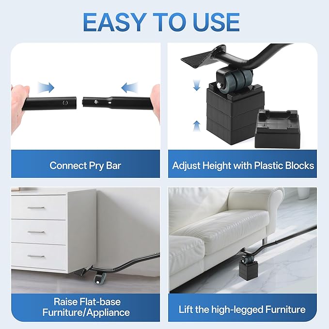 Furniture Lifter Tool Set – Save 80% Effort – Lifts up to 400 lbs – Heavy-Duty Steel Lever with 4 Plastic Base Pads, Ideal for Moving Sofas, Appliances, Furniture Jack Lifter Tool (25 in)