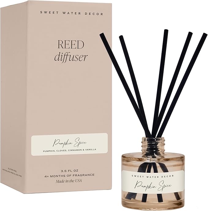 Sweet Water Decor Pumpkin Spice Reed Diffuser, Autumn Scented Premium Fragrance, Long-Lasting Air-Freshener for Home, Bathroom & Bedroom, Cozy Fall Gift for Women, Non-Toxic Oil, Lasts 4+ Months