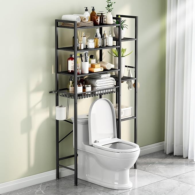 Kalrin 8-Tier Over The Toilet Storage with Side Rack, Over Toilet Storage Rack with Adjustable Shelf & Drain Basket, Freestanding Bathroom Organizer for Balcony, Laundry (Pure Black)