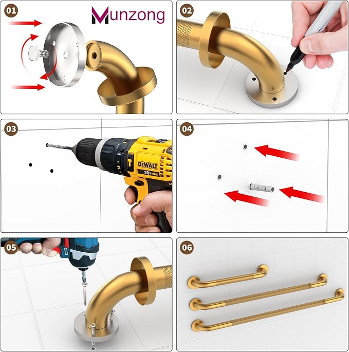 3 Pack Anti Slip Safety Grab Bar Bundle, Munzong 12" 16" 16" Gold Commercial Bathroom Grab Bar, Shower Balance Bar, Handicap Stainless Steel Hand Rail for Elderly Injury Senior Assist Bath Handle