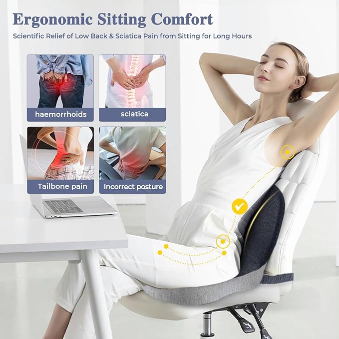 Car Seat Cushion, Memory Foam Driving Cushion with Adjustable Strap, Ergonomic Pad for Car & Semi Truck, Office Chair Cushion for Sciatica & Lower Back Pain Relief, Light Gray & Dark Gray