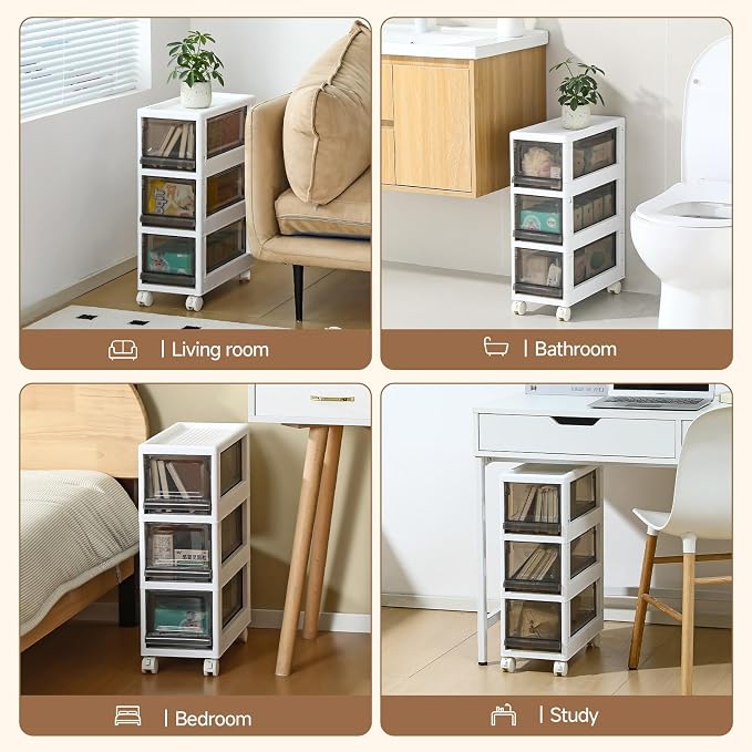 Plastic 3 Drawer Storage Organizer, Narrow Plastic Storage Drawers with Wheels, Storage Cart with Drawers for Small and Narrow Space, 7.87-inch Wide (white)