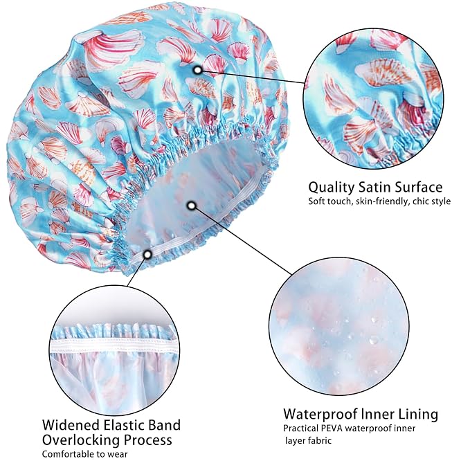 Shower Caps for Women, 4 PCS Elastic and Reusable Bath Caps, Double Layers Shower Cap Reusable Waterproof, Bathing Shower Caps, Environmental Bath Hair Protection Cap - Shell