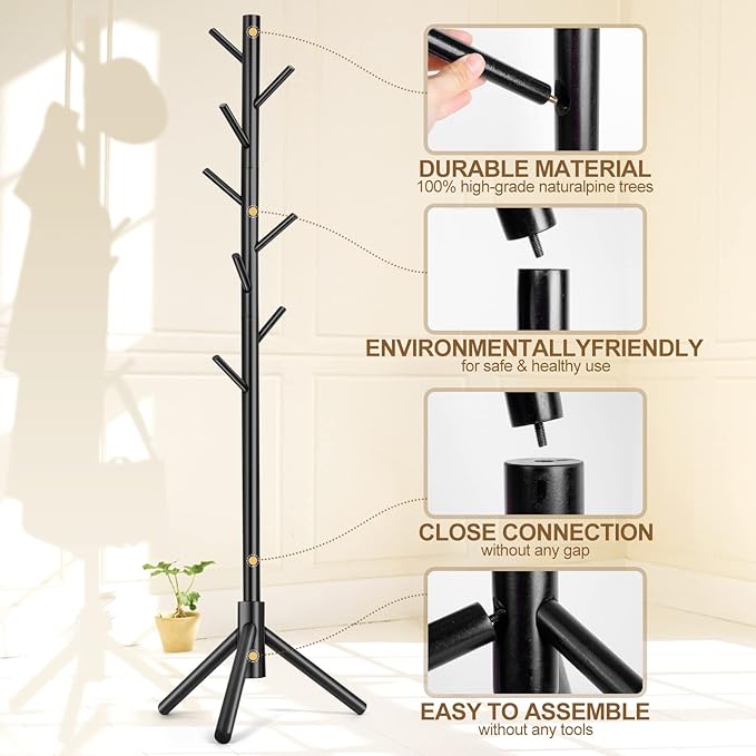 2 PC Wooden Coat Rack Freestanding with 8 Hooks & 3 Adjustable Sizes for Clothes, Space-Saving Design for Bedroom Office Entrance Holds Hats Coats Scarves Bags