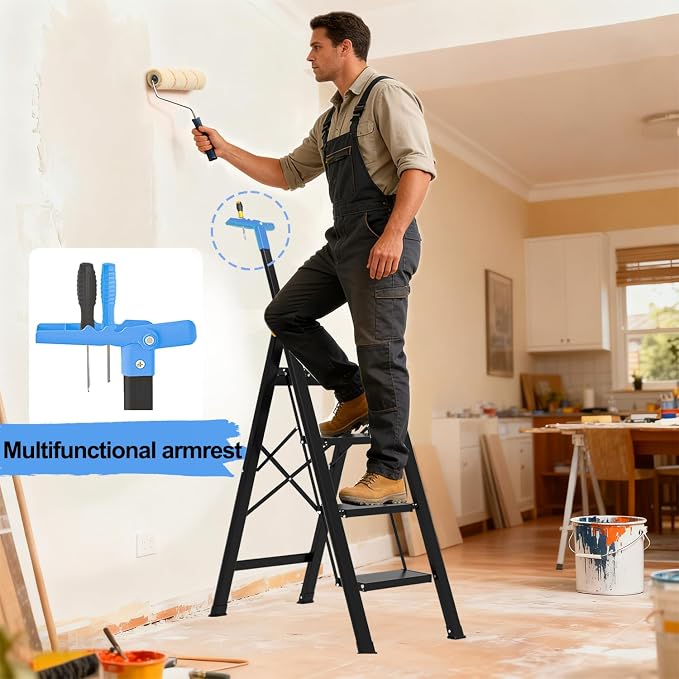 4 Step Ladder,Extendable Single-Handrail Lightweight Aluminum Step Ladder 4 Step Folding,600lbs Max Load Capacity for Household,Kitchen,Office (Blue)