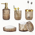 LaMarriti Brown Bathroom Accessories Set, 5Pcs Glass Bathroom Set, Soap Dispenser and Toothbrush Holder Set, Soap Dish, Qtips Holder, Tumbler for Crystal Vintage Bathroom Decor