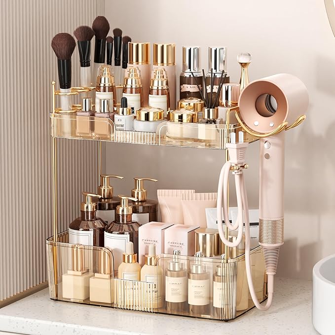Bathroom Counter Organizer for Vanity, Makeup Organizer Countertop with Holder, Large Capacity Storage Rack, Perfect Large Skincare, Hair Care, Perfume, Easy to Install (Gold, 2Tiers)
