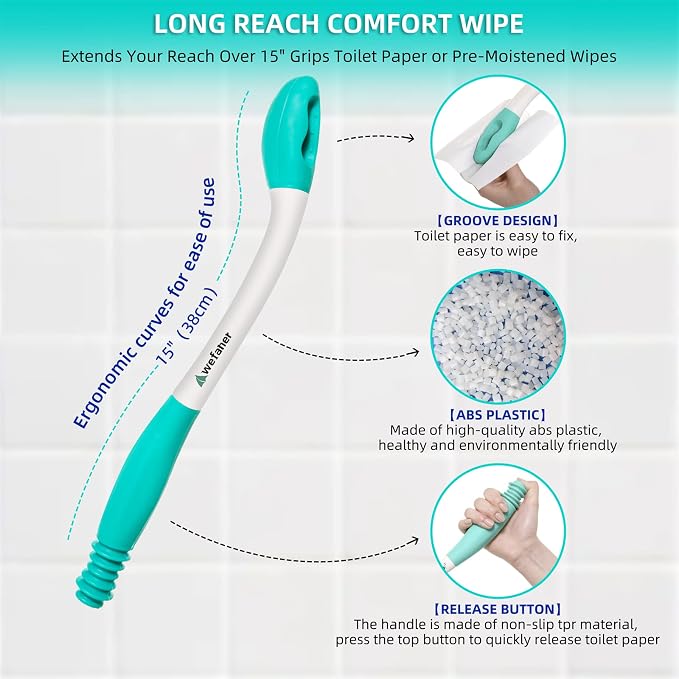 wefaner Toilet Aids Wiping Long Reach （2 Pack）Comfort Wipe Wand Bottom Buddy Toilet Self Tissue Aids for Toileting ,Help Wipe Butt for Overweight People，Limited Mobility,Elderly, Pregnancy,with hooks.