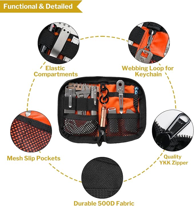 VIPERADE VE10 EDC Pouch Small Pocket Tool Pouch with 10 Compartments, Men's Pocket Organizer for Multitools, EDC Organizer with Patches Area for DIY (Black+Orange)