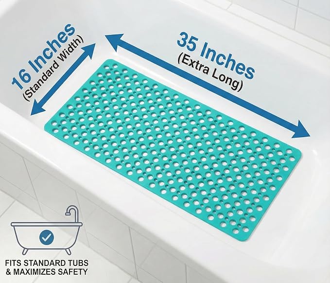Nonslip Bathtub Mat Extra Soft TPE Bath Mat for Kids, Machine Washable Bathroom Shower Mat, Smooth/Non-Textured Tubs Only, 35L x 16W Inch (Dark Green)