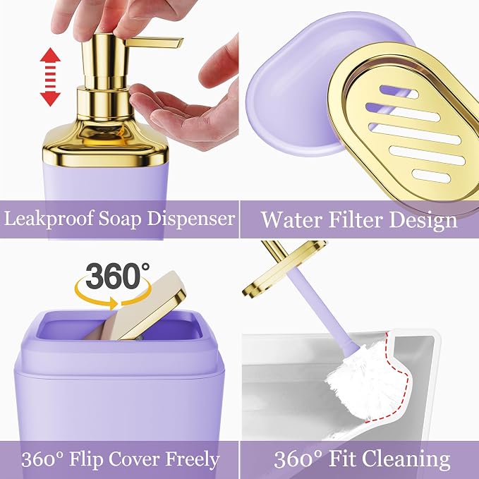 XLHOMO Bathroom Set - Purple and Gold Bathroom Accessories, Bathroom Sets with Shower Curtain and Rugs, Purple Shower Curtain Set with Bathroom Trash Can, Soap Dispenser, Soap Dish for Home Decor