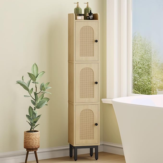 Hzuaneri Slim Bathroom Storage Cabinet, Narrow Bathroom Organizers and Storage with 4 Adjustable Feet, Laundry Room Organization for Small Space, Kitchen, Living Room, 3 Doors Rattan Yellow BC22302Y