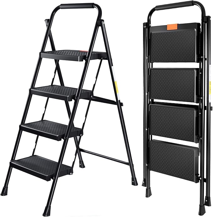 Valeo 4 Step Ladder, 4 Step Ladder for Adults with with Safe-Lock Design, Wide Anti-Slip Pedal, 500lbs Sturdy Steel Ladder, Step Stool Foldable with Cushioned Handle,Black