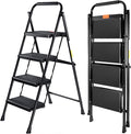 Valeo 4 Step Ladder, 4 Step Ladder for Adults with with Safe-Lock Design, Wide Anti-Slip Pedal, 500lbs Sturdy Steel Ladder, Step Stool Foldable with Cushioned Handle,Black