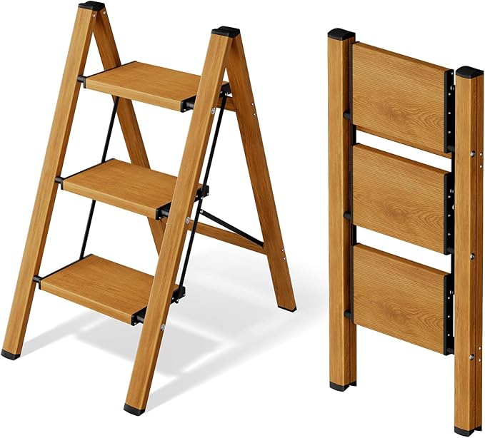 Mayi Plus 3 Step Ladder,Aluminum Folding Step Stool for Adults,Step Ladder with Wide Anti-Slip Pedal,330 lbs Capacity for Home,Office,Kitchen,Library(Woodgrain)