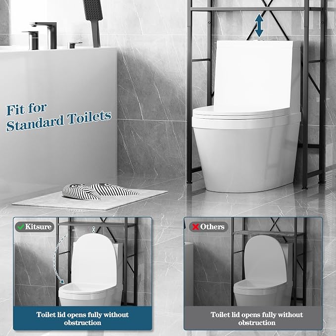 Over The Toilet Storage Cabinet, 3-Tier Bathroom Organizers and Storage with Hooks, Freestanding Shelf Toilet Rack, Small Bathroom Laundry Space Saver with Towel Rack & Toilet Paper Holder(Black)