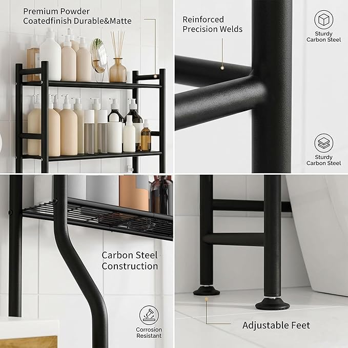 GloTika 3-Tier Over Toilet Storage with 2 Basket & Anti-Tilt System - 150lb Total Capacity Metal Bathroom Shelves Including Paper Holder & 4 Hooks, Space Saving Above Commode Organizer (64" H, Black)