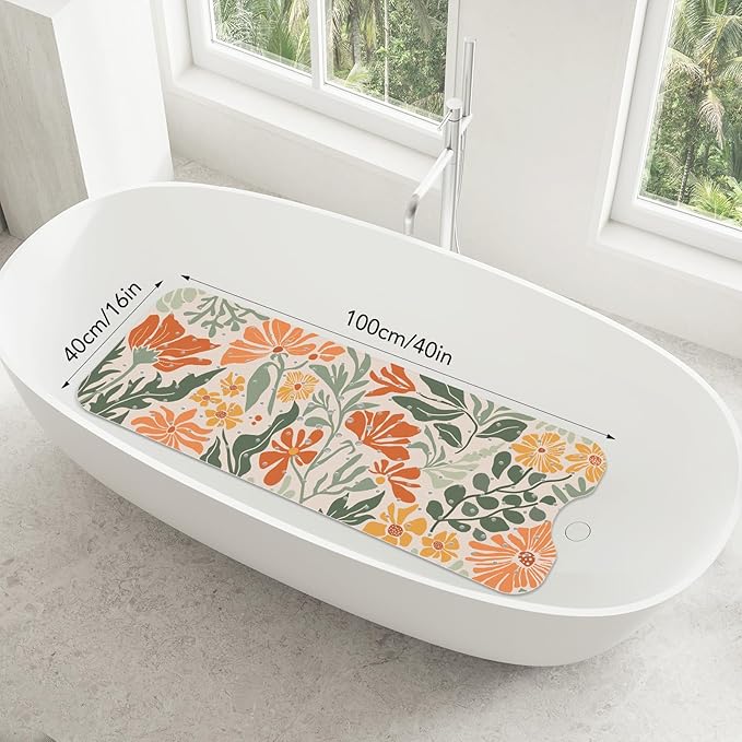 SHUCHING Boho Bath Mat for Tub Non Slip-40 X 16Inch, Flower Bathtub Mat Anti Slip for Women, Extra Long Shower Mat for Bathroom Mold Free, Machine Washable