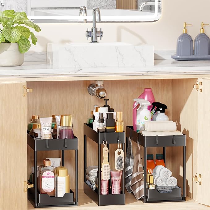 Simple Trending 3 Pack Under Sink Organizer, Pull-Out Cabinet Organizer Drawer, 2 Tier Multi-Purpose Slide Out Storage Shelf for Kitchen Bathroom, Black