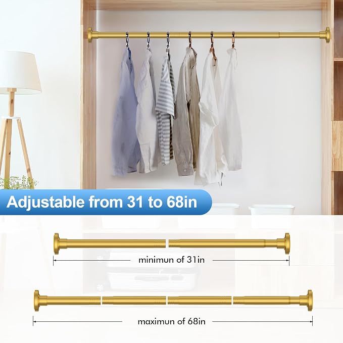 CorkLatta Gold Shower Curtain Rod 31 to 68 Inch,1 Inch Diameter Adjustable Spring Tension Stainless Steel Telescoping Rod,Easy Install,No Rust