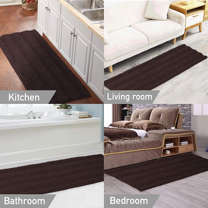 Turquoize Non Slip Shaggy Chenille Microfibers Bathroom Rug Brown Bath Room Mat Extra Long Bath Rug 47 x 17 Kitchen Rugs and Mats, Super Water Absorbent & Soft Washable Bath Rug for Bathroom, Brown