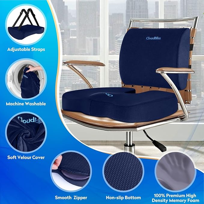 CloudBliss Lumbar Support Pillow & Seat Cushion Set for Office Chair, Desk Chair, Wheelchair & Car–Memory Foam Back Support,Ergonomic Chair Cushions, Sciatica Pain Relief,Home Essentials(Blue,XL)