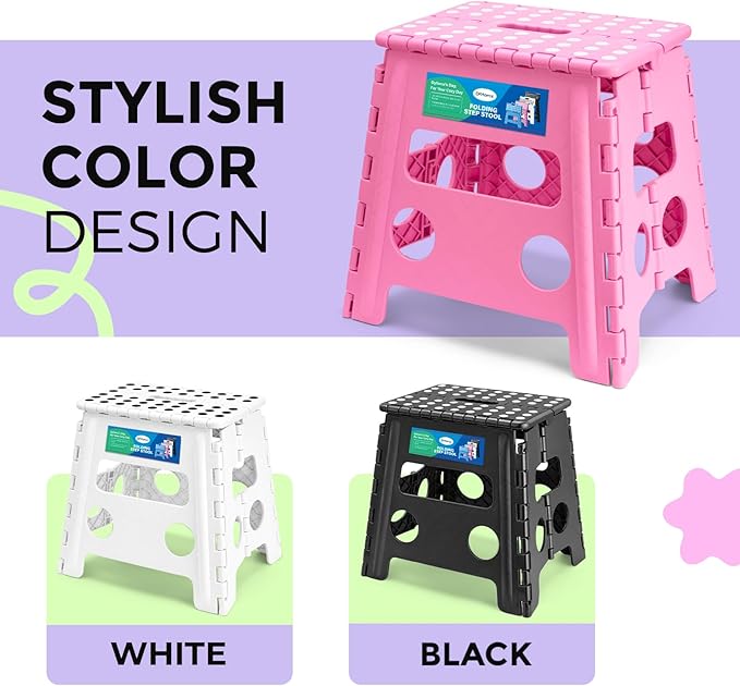 Dyforce Non-Slip Folding Step Stool - 13 inch Height Heavy Duty Foldable Stool for Adults Kids, Plastic Step Stool Camping Stepping Stool - Pink