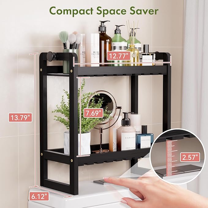AmazerBath Bamboo Over The Toilet Storage Shelf - 2-Tier Bathroom Organizers and Storage Shelves, 2 in 1 Dual Stable Above Over Toilet Bathrooms Shelf Home Storages Rack for Small Bathroom, Black