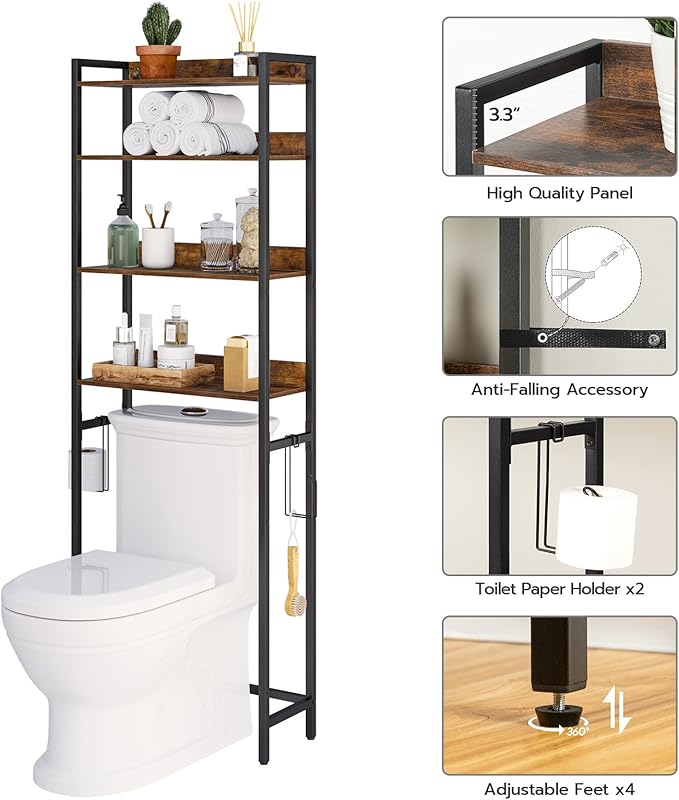 MAHANCRIS Over The Toilet Storage Rack, 4 Tier Bathroom Organizer Over Toilet, Freestanding Space Saver Toilet Stand with 2 Hooks, Bathroom Storage Shelf, Easy to Assemble, Rustic Brown TSHR0401Z