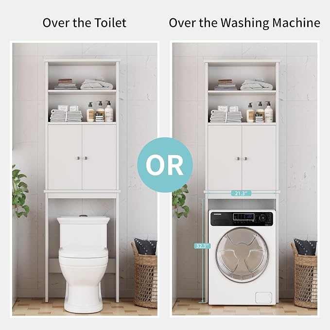Shintenchi Over the Toilet Storage Cabinet, Bathroom Above the Toilet Rack, Bathroom Adjustable Shelf Organizer with Open Bottom Bar and Anti-Tip Device, White