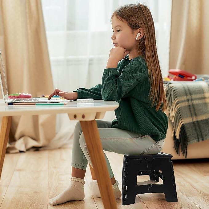 Flottian 9 Inch Folding Step Stool, 300 Lbs Capacity Non-Slip Plastic Step Stool with Portable Handle for Adults and Kids, Compact Foldable Stool for Kitchen Bathroom Bedroom, Black,1PC