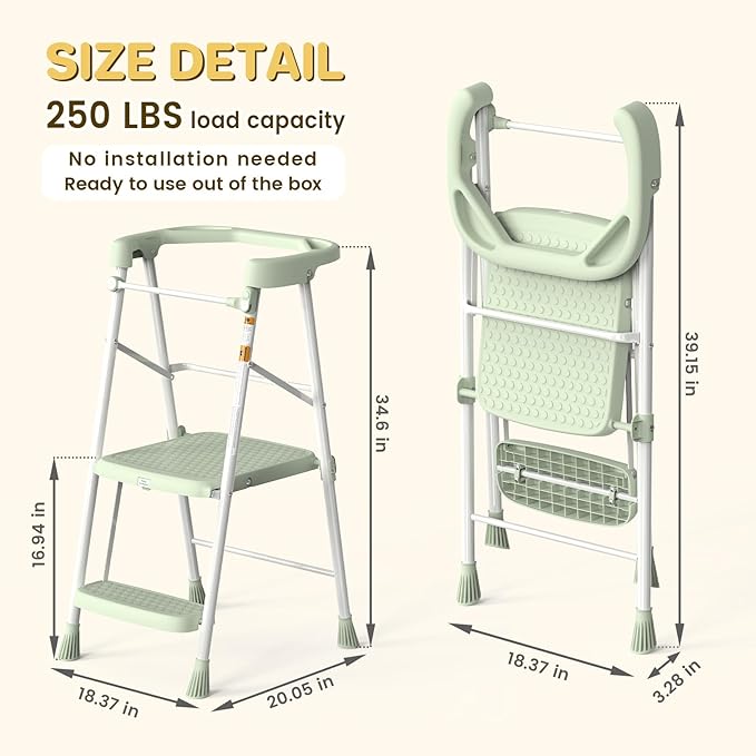 HBTower Kids Step Stool 2 Steps with Anti-Drop Safty Railing, Toddler Tower for Kitchen Counter Learning, Toddler Kitchen Stool Helper,Kids Standing Folding Stepper (Green)
