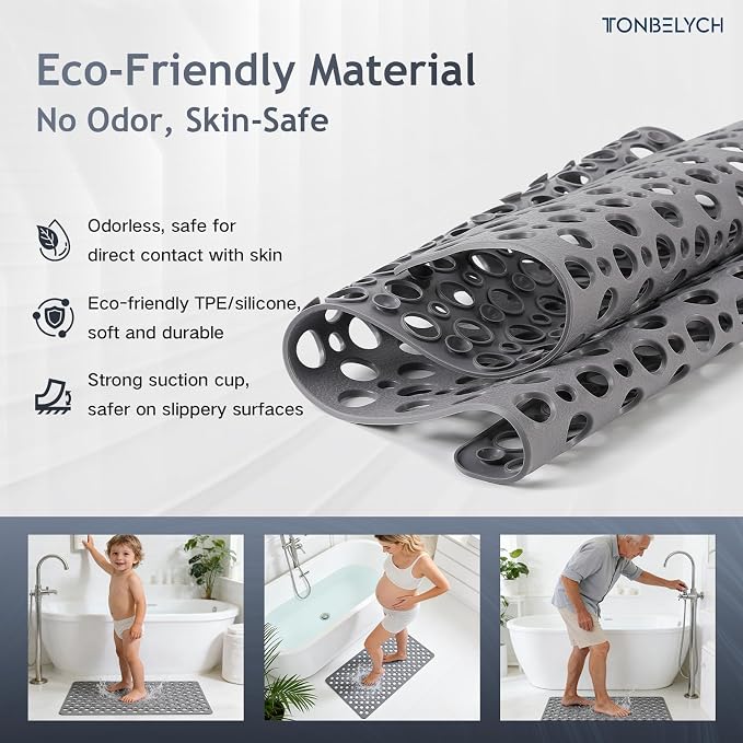 Non Slip Bath Mat for Shower & Bathtub - 30x17 Inch with Strong Suction Cups and Drain Holes, Quick-Dry, Machine Washable Floor Mat for Elderly, Kids & Pets