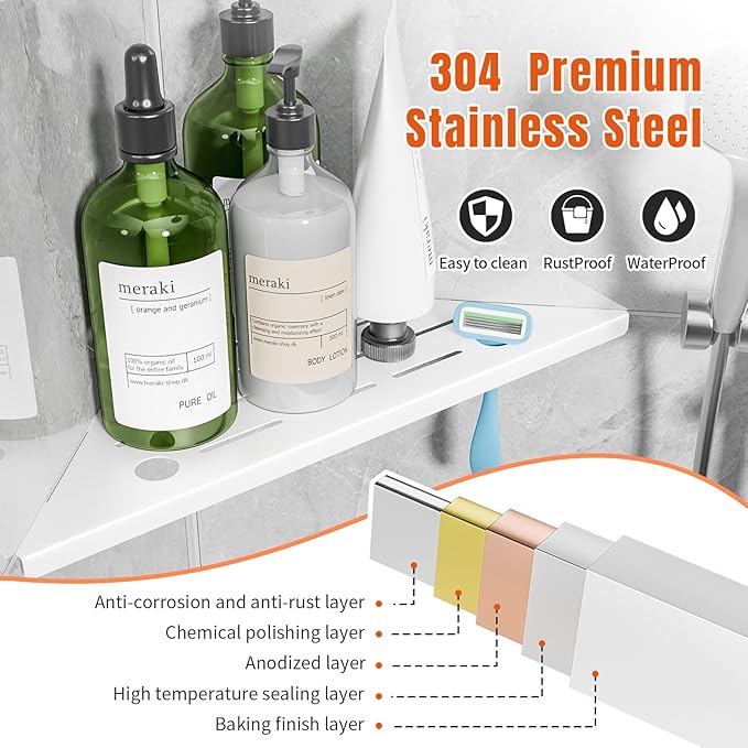 Corner Shower Shelf with Razor Hole, Rustproof Stainless Steel Shower Organizer, No Drilling Tile Shower Shelves, Modern Bathroom Shelf for Tile Wall, Grout in Shelf for Bathroom 2-Pack, 10"
