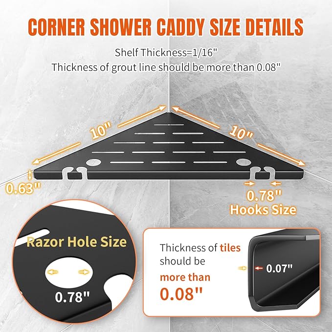 Permanent Grout-in Corner Shower Shelves with Hooks, Modern 304 Stainless Steel Shower Caddy for Bathroom Renovation & Hotel, Heavy Duty No-Drill Grout Mount Shower Organizer for Tile Wall,10", 2 Pack