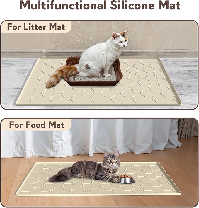 Garoopion Silicone Cat Litter Trapping Mat, Large Waterproof 34" X 22" Cat Litter Box Mat, Easy to Clean, Beige