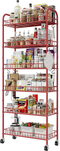 Slim Rolling Storage Cart, 6 Tier Metal Kitchen Rolling Utility Cart with Lockable Wheels for Kitchen, Bathroom, Laundry Room, Small Narrow Spaces (Red 10 Inches)