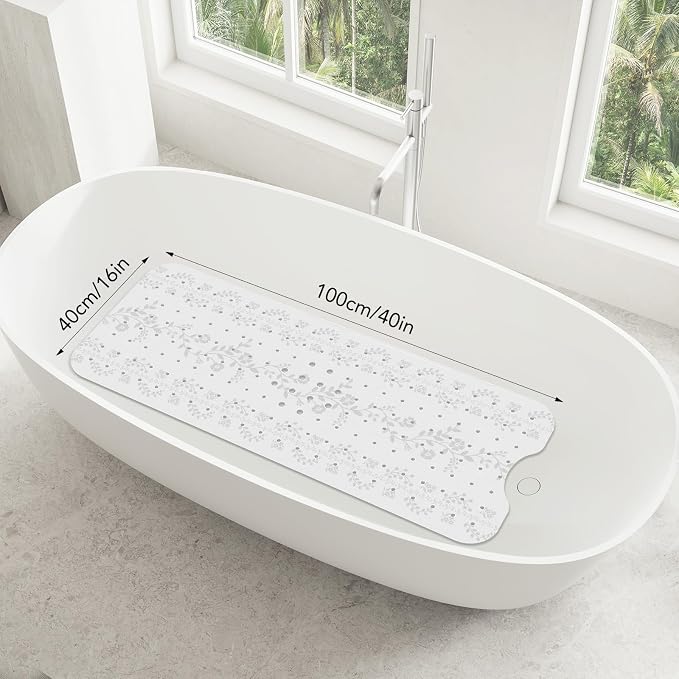 SHUCHING White Bath Mat for Tub Non Slip for Women-40 X 16 Inch, Flower Non Slip Bathtub Mat for Adults & Elderly Mold Free, Long Shower Mat for Inside Shower with Suction Cup, Machine Washable