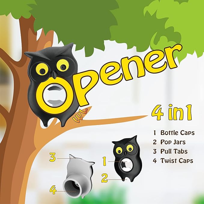4-in-1 Manual Owl Bottle Opener - BPA-Free Multi-Function Opener for Bottle Caps, Jars, Pull Tabs & Twist Caps, Ergonomic Design for Kids, Seniors & Weak Hands (Green)