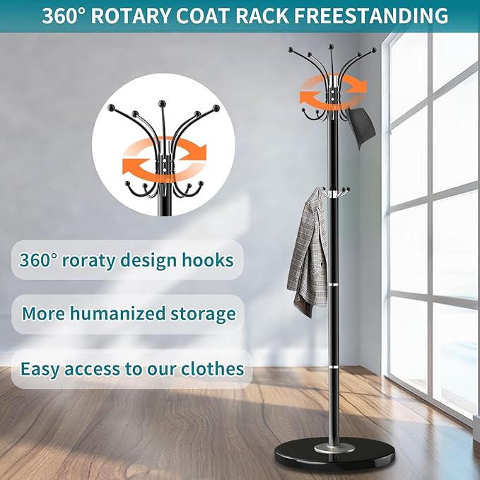 OIRUMIE Coat Rack with Natural Marble Base, Metal Freestanding Coat Racks with 14 Hooks, 360°Rotary Coat Rack Stand for Hanging Scarf, Bag, Jacket, Black Coat Tree Hanger Holder Stand