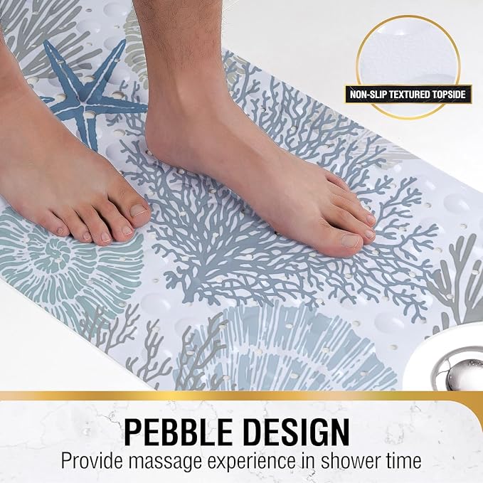 Bathtub Mat Non Slip, 40x16 inch Bath and Shower Safety Mats, Blue Nautical Coastal Starfish Tub Mat for Bathroom, Tub Shower Mat with Drain Holes and Suction Cups