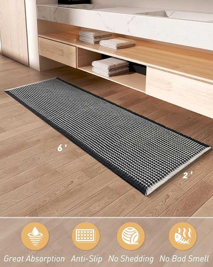 Upgraded Waffle Runner Rug, Super Absorbent Non Slip Bath Mats for Bathroom Floor, Washable Bathroom Runner Rug with Tassels, Ideal for Hallway Bedroom Laundry Room, Black & Cream, 2'x 6'(24" x 72")