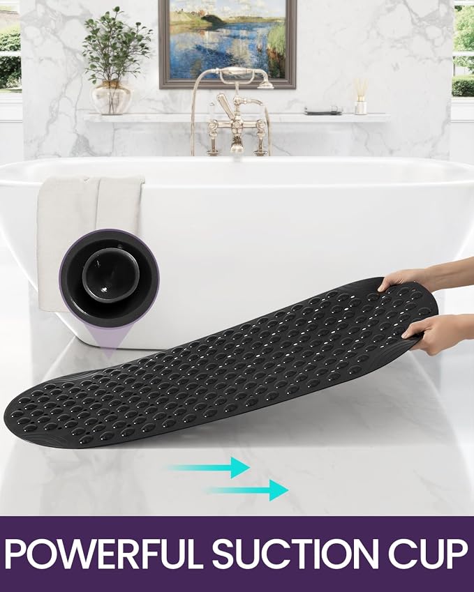 DEXI Bathtub Mat Non Slip 16x35, Shower Floor Mats for Bathroom Bath Tub, Washable Oval Bathmat with Suction Cups and Drain Holes, Black