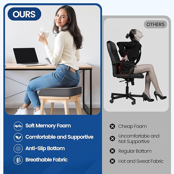 SweetSlubr Seat Cushion for Tailbone Pain Relief, Office Chair Cushion, Memory Foam Large Chair Cushion with Non-Slip Cover for Soft Support at Office Chair, Car Seat, Airplane Grey/XLarge