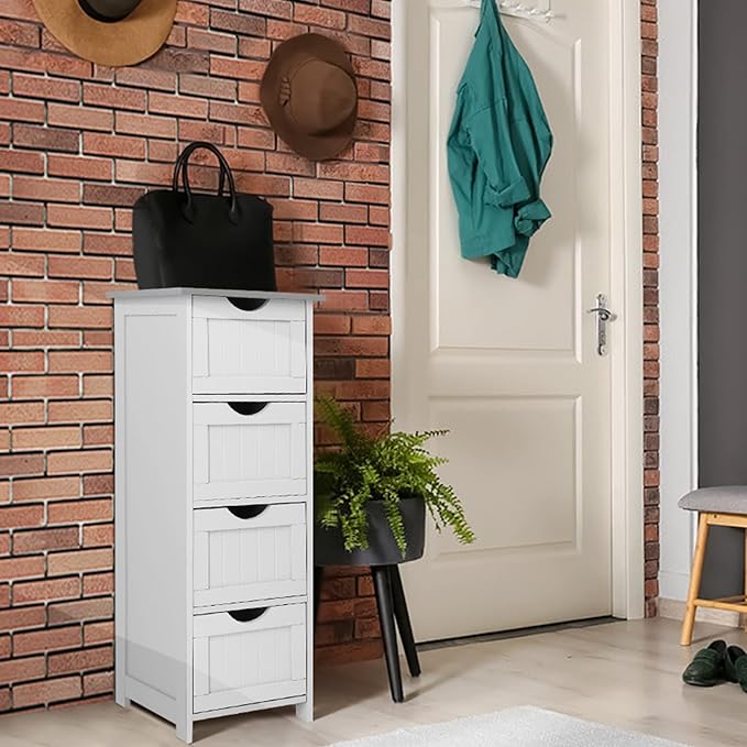 Bonnlo Skinny Bathroom Floor Storage Cabinet,White 12 Inch Wide Deep Small Storage Organizer with 4 Drawers, Wooden Modern Thin Free Standing Tower Cabinet w/ 4 Cute Drawers for Bathroom, Living Room
