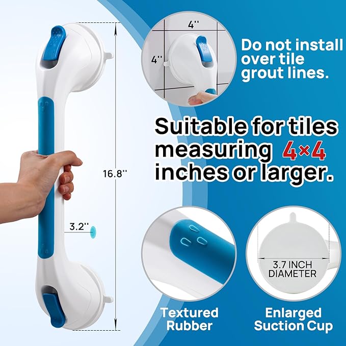 LEVERLOC Grab Bars for Bathtubs and Showers 2 Pack Suction Grab Bar, Heavy Duty 17 Inch Shower Handle Removable Bath Handrails for Seniors and Elderly, Bathroom Safety Grip No Drilling Waterproof Blue