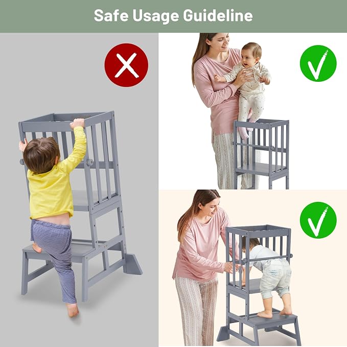 COSYLAND Toddler Standing Tower - Adjustable Height Toddler Kitchen Stool Helper - Kids Kitchen Step Stool for Learning with Removable Safety Railing Ash Gray