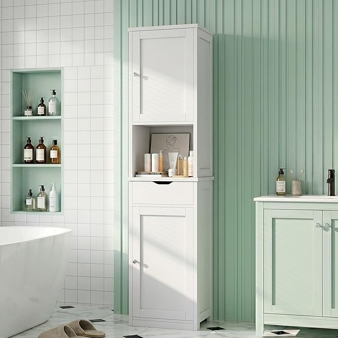 Vongrasig Tall Bathroom Storage Cabinet, 64”H Narrow Storage Unit for Small Spaces, Freestanding Modern Cabinet with Adjustable Shelves for Bathroom, Living Room, Kitchen, White